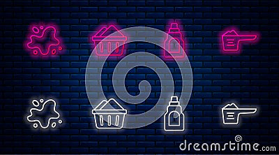 Set line Basin with soap suds, Bottle for cleaning agent, Water spill and Washing powder. Glowing neon icon on brick Stock Photo