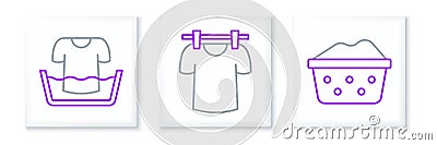 Set line Basin with soap suds, shirt and Drying clothes icon. Vector Stock Photo