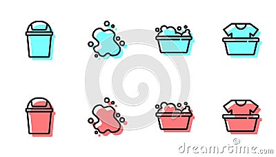 Set line Basin with soap suds, Trash can, Water spill and shirt icon. Vector Vector Illustration