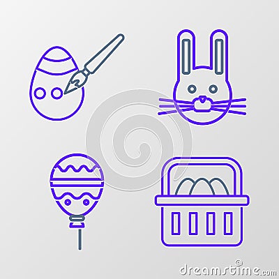 Set line Basket with easter eggs, Balloons ribbon, Easter rabbit and and paint brush icon. Vector Stock Photo