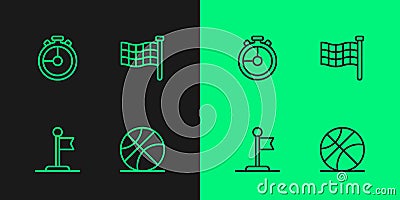 Set line Basketball ball, Flag, Stopwatch and Checkered flag icon. Vector Vector Illustration