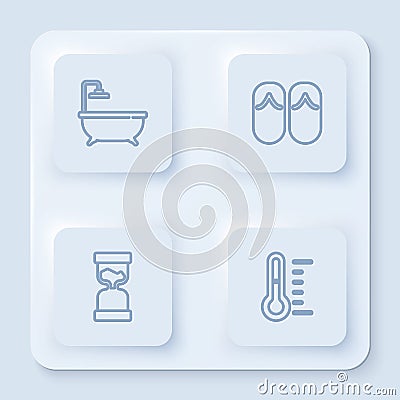 Set line Bathtub, Flip flops, Old hourglass and Sauna thermometer. White square button. Vector Vector Illustration