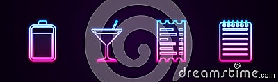 Set line Battery, Martini glass, Paper or financial check and Notebook. Glowing neon icon. Vector Vector Illustration