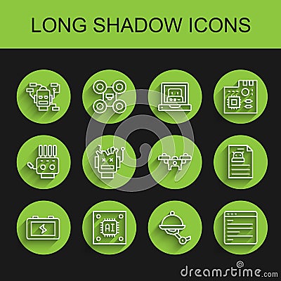 Set line Battery, Processor with microcircuits CPU, Robot, Waiter robot, Computer api interface, Broken, Technical Vector Illustration