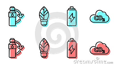 Set line Battery, Recycling plastic bottle, Light bulb with leaf and CO2 emissions in cloud icon. Vector Vector Illustration