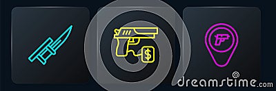 Set line Bayonet on rifle, Location with weapon and Buying gun pistol. Black square button. Vector Vector Illustration