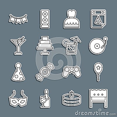 Set line BBQ brazier, Balloon with ribbon, Vinyl player disk, Woman dress, Cake, Martini glass, Carnival garland flags Vector Illustration