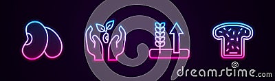 Set line Beans, Plant in hand, Wheat and Bread toast. Glowing neon icon. Vector Vector Illustration