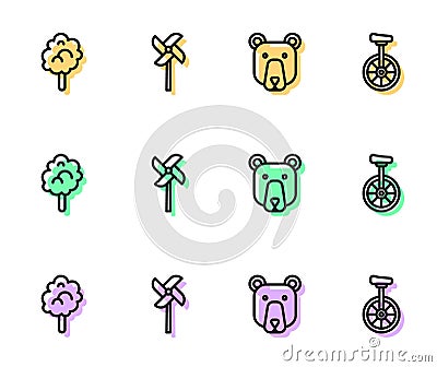 Set line Bear head, Cotton candy, Pinwheel toy and Unicycle icon. Vector Vector Illustration