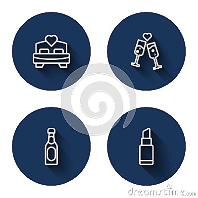 Set line Bedroom, Glass of champagne, Champagne bottle and Lipstick with long shadow. Blue circle button. Vector Stock Photo