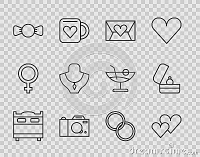 Set line Bedroom, Heart, Envelope with Valentine heart, Photo camera, Bow tie, Necklace on mannequin, Wedding rings and Vector Illustration