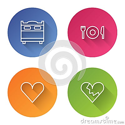 Set line Bedroom, Plate, fork and knife, Heart and Broken heart divorce. Color circle button. Vector Vector Illustration