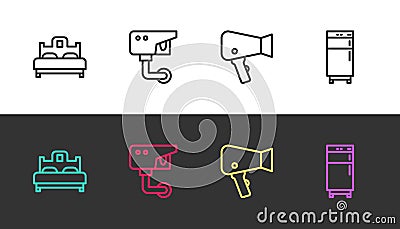 Set line Bedroom, Security camera, Hair dryer and Refrigerator on black and white. Vector Stock Photo