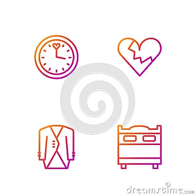 Set line Bedroom, Suit, Clock and Broken heart or divorce. Gradient color icons. Vector Vector Illustration