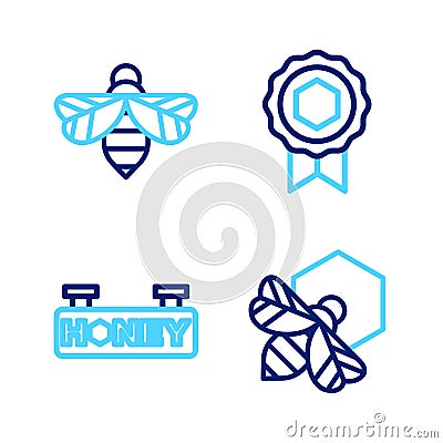 Set line Bee and honeycomb, Hanging sign with, Honey medal and icon. Vector Vector Illustration