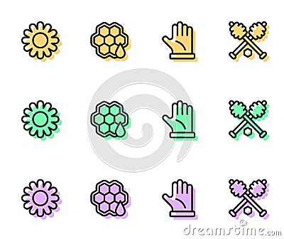 Set line Beekeeper glove, Flower, Honeycomb and dipper stick icon. Vector Stock Photo