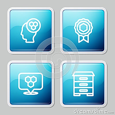 Set line Beekeeper, Honey medal, Honeycomb bee location and Hive for bees icon. Vector Stock Photo