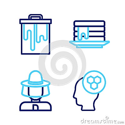 Set line Beekeeper, with protect hat, Stack of pancakes and Honeycomb icon. Vector Stock Photo