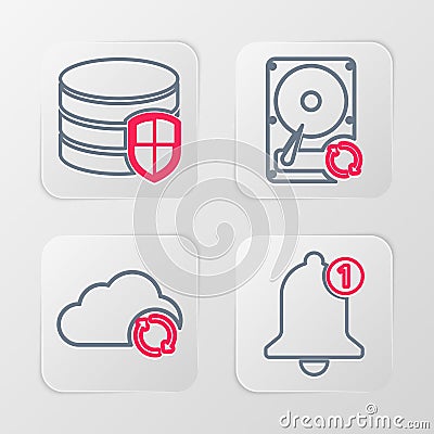 Set line Bell, Cloud sync refresh, Hard disk drive HDD and Database protection icon. Vector Stock Photo