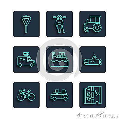 Set line Bicycle, Delivery truck, Broken road, Tractor, Cargo ship with boxes, TV News car, Road traffic signpost and Stock Photo