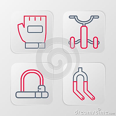 Set line Bicycle fork, lock, kids and Gloves icon. Vector Stock Photo