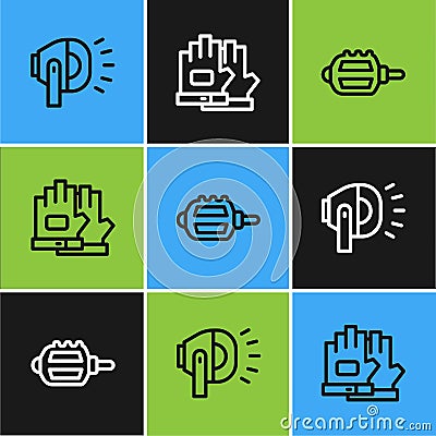 Set line Bicycle head lamp, pedal and Gloves icon. Vector Vector Illustration