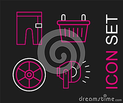 Set line Bicycle head lamp, wheel, basket and Cycling shorts icon. Vector Vector Illustration