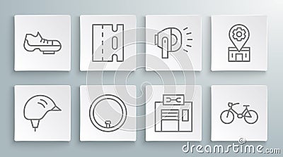 Set line Bicycle helmet, lane, wheel, repair service, head lamp, and shoes icon. Vector Stock Photo