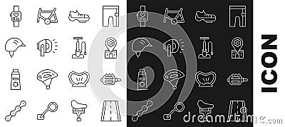 Set line Bicycle lane, pedal, repair service, shoes, head lamp, helmet, Smart watch and pump icon. Vector Vector Illustration