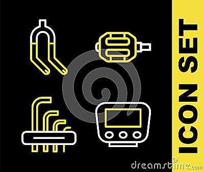 Set line Bicycle pedal, speedometer, Tool allen keys and fork icon. Vector Vector Illustration