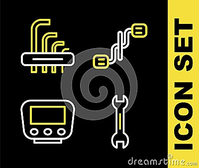 Set line Bicycle pedals, Wrench spanner, speedometer and Tool allen keys icon. Vector Vector Illustration