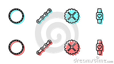 Set line Bicycle sprocket crank, wheel, chain and Smart watch icon. Vector Vector Illustration