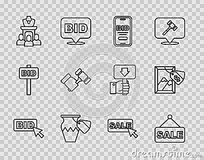 Set line Bid, Price tag with Sale, Online auction, Auction ancient vase, jewelry sale, hammer, and painting icon. Vector Vector Illustration