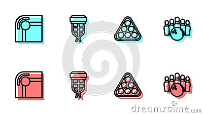 Set line Billiard balls in rack triangle, table, pocket and Bowling pin and icon. Vector Vector Illustration