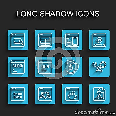 Set line Binary code, Browser with shield, files, Software, Flowchart, Page 404 error, Debugging and Cup tea tea bag Stock Photo