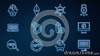 Set line Binary code, Monitor with art store app, NFT blockchain technology, Digital crypto, and Ethereum ETH icon Vector Illustration