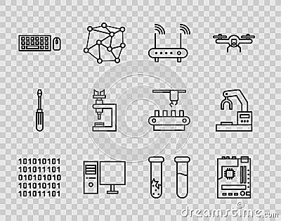 Set line Binary code, Motherboard, Router and wi-fi signal, Computer monitor, Keyboard mouse, Microscope, Test tube Stock Photo