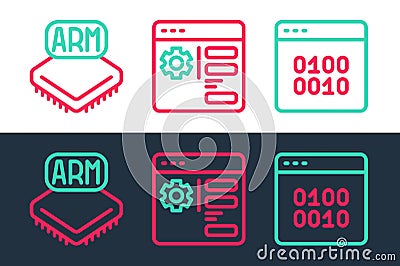 Set line Binary code, Processor and Browser setting icon. Vector Stock Photo