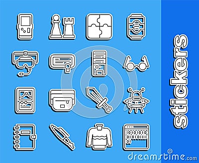 Set line Binary code, UFO flying spaceship, Eyeglasses, Piece of puzzle, Certificate template, Virtual reality, Tetris Vector Illustration