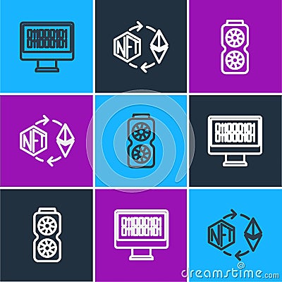 Set line Binary code, Video graphic card and Ethereum exchange NFT icon. Vector Vector Illustration