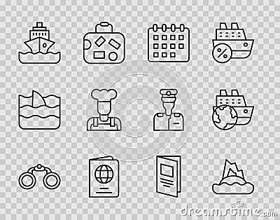 Set line Binoculars, Tropical island ocean, Calendar, Passport, Cruise ship, Cook, Brochure and icon. Vector Vector Illustration