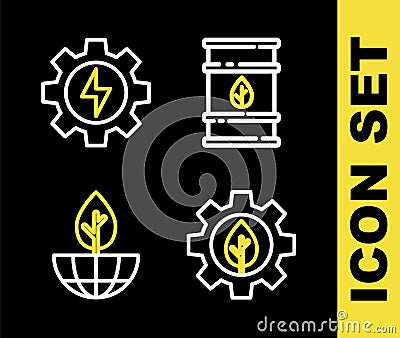 Set line Bio fuel barrel, Leaf plant in gear machine, Earth globe and and Gear lightning icon. Vector Vector Illustration