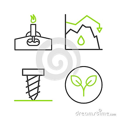 Set line Bio fuel, Rotating drill digging a hole, Drop crude oil price and Oil rig with fire icon. Vector Vector Illustration