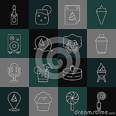 Set line Birthday party horn, Barbecue grill, Cocktail shaker, Calendar, Slice of pizza, Stereo speaker, Champagne Vector Illustration