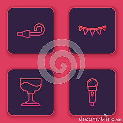 Set line Birthday party horn, Cocktail, Carnival garland with flags and Microphone. Blue square button. Vector Vector Illustration