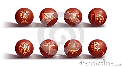 Set line Bitcoin, Blockchain technology, Pie chart infographic bitcoin, Cryptocurrency cloud mining, Pickaxe, Video card Vector Illustration