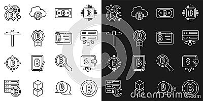 Set line Bitcoin, Cryptocurrency wallet, Server, bitcoin, Pickaxe, and browser icon. Vector Vector Illustration