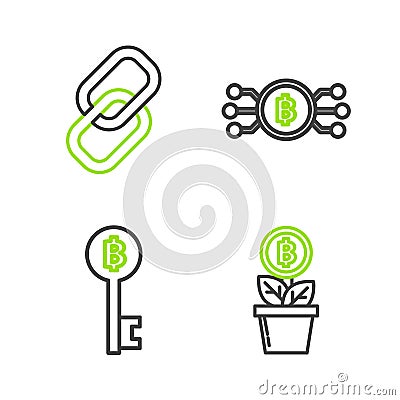 Set line Bitcoin plant in the pot, Cryptocurrency key, bitcoin circle with microchip circuit and Chain link icon. Vector Stock Photo