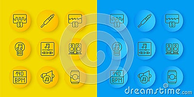 Set line Bitrate, Pause button, Music player, Beer can, Stereo speaker, wave equalizer, and Audio jack icon. Vector Stock Photo