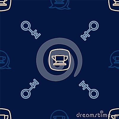 Set line Blacksmith anvil tool, Old key and on seamless pattern. Vector Vector Illustration